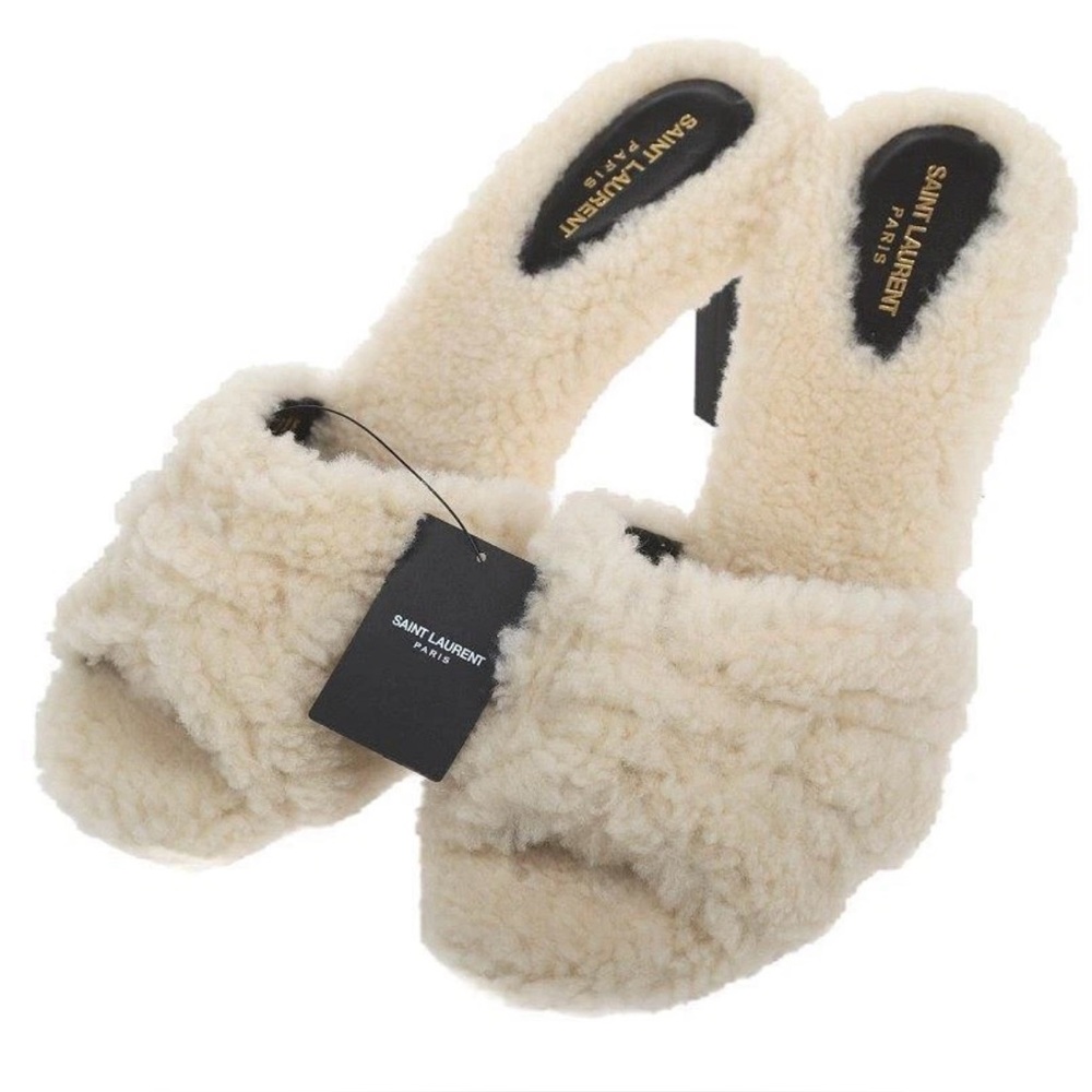 YSL SAINT LAURENT SHEARLING FUR TRIBUTE SANDALS HEELS SLIDES SHOES 39.5